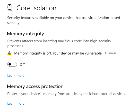 Memory integrity off – Windows 11 22H2